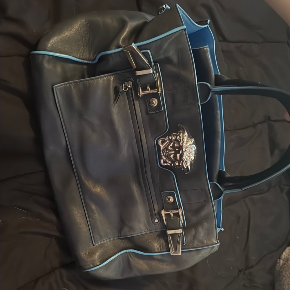 Versace Black and Blue Duffel Bag with Silver Hardware